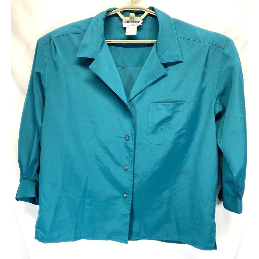 Ancora Women's Blouse Size 20 Teal Button Up Padded Shoulders 90’s Retro Vintage